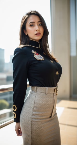 A dignified portrait of Field Marshal August von Mackensen: formal framing focuses on his face, with soft lighting conveying respect and solemnity. He stands against a neutral background, subtle nostalgia hinted at through the fur busby adorned with Totenkopf insignia. AJ Applegate poses at attention, exuding authority and strength in sharp black military uniform with cartel-inspired accents. Against Mexico's cityscape backdrop, she stands shoulder-width apart, hands clasped, eyes fixed on the horizon under warm golden sunlight highlighting uniform textures and athletic physique.