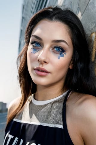 Full body photo of 1i7t713r-smf woman,
(greater details in definitions of face and eyes), clear face, clear eyes, (realistic and detailed skin textures), (extremely clear image, UHD, resembling realistic professional photographs, film grain), a pretty nordic girl wearing a white and grey sports jersey with the text “QATAR AIRWAYS” printed across the front. The person’s face is nordic girl, and she standing against a moss concrete wall. The concrete wall is illuminated by bright sunlight. The person is actually wearing a Paris Saint-Germain (PSG) football team kit with “QATAR AIRWAYS” printed in black text across the front of the jersey. Above the text, there’s a logo consisting of a circle with intricate designs inside it, and below it, there’s Puma’s logo (a jumping cat). One arm of the individual is visible, displaying tattoos on their skin
, ,ruined makeup