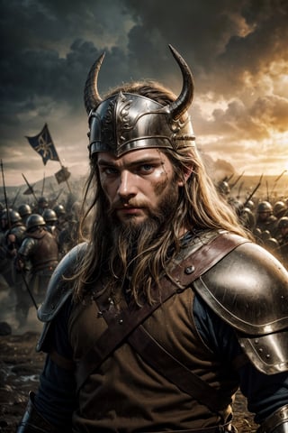 1 male, a viking soldier, wearing viking armor, long hairs, mud on his face, mud on everywhere, serious look, in a battlefield, masterpiece, high quality, portrait shot, wide angle, professional photography, intricate details on his armor, complex patterns, valhalla