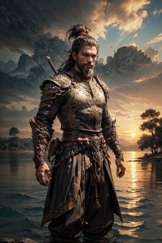 A good looking man named Bunbun, an Indonesian warrior, black eyes, short black hair, beard, wearing a black armor with intricate detail, standing on the lake side, standing stance, sunset, epic background, (4k), (masterpiece), (best quality), (extremely intricate), (realistic), (sharp focus), (cinematic lighting), (extremely detailed)