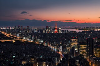 Crisp evening over Tokyo: High-rise buildings silhouette against a twilight sky, their lights beginning to twinkle. Iconic landmarks like Tokyo Tower stand out, while moving trains and bustling streets below hint at the city's ever-present energy. The skyline is a harmonious blend of modernity and tradition, reflecting Tokyo's unique character.