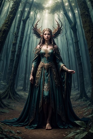 A fantastical portrait of a mythical creature, half-human and half-elf, standing in a mythical forest. The art form is digital illustration, taking inspiration from the works of Brian Froud. The scene is filled with magical elements, like floating orbs and glowing flora. The color temperature is a mix of warm and cool hues, enhancing the sense of wonder. The facial expression reflects the creature’s mystical nature, with a hint of mystery. The lighting creates a magical ambiance, casting intricate patterns of light and shadow on the forest floor. The atmosphere is enchanting and filled with ancient secrets.