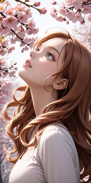 Woman with rose gold hair in tight ringlets, side view, looking up at falling cherry blossoms, a serene expression.