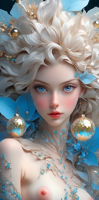 Intricate image of a Beautiful (((nude))) woman with flowy flowe-like hair, perfect blue eyes, pale matte skin.
work of beauty and complexity, poinsettia christmas flower, glass christmas balls, hyperdetailed facial features, 8k UHD, close-up, alberto seveso style ,flat chested