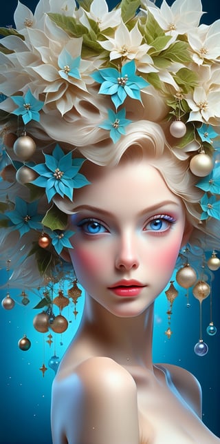 Intricate image of a Beautiful (((nude))) woman with flowy flowe-like hair, perfect blue eyes, pale matte skin.
work of beauty and complexity, poinsettia christmas flower, glass christmas balls, hyperdetailed facial features, 8k UHD, close-up, alberto seveso style ,flat chested