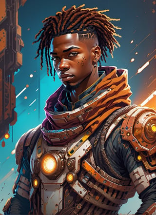 African Nigerian youthful man looking hopeful gearing up for cosmic battle in a sci-fi tech suit,dreadlock, colored_skin, (rusted detailed), (rust), luminicience, cinematic lighting, full_portrait, vector lines,photography,stylish,punked,steampunk, graffiti