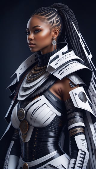 African Nigerian woman) with white shilloeut skin in futuristic fashion cloth, full hair, full beard, very long braid, hopeful, white skin tone, white painted body with tribal markings, african style, african woman, black grown woman, ((smiling looking at viewers)), smiling, side view, Portrait, african hand plaited braid, aviator googles, moody expression, prayer mood, Realistic, Hyper realistic, Full detail, 8k, Cinematic shot, Cinematic lighting, Grattifi art, in an abstract paper cut art background, (Anime), punked, Comic art style, Digital drawing, concept art,