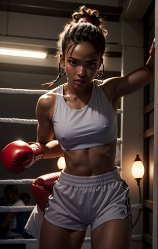 Generate a fierce young african lady getting ready for a boxing chsmpionship in the dressing closet, determined, hyper detailed, Cinematic lighting, painting, frezza style, 