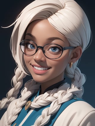 (African Nigerian woman) with white shilloeut skin in futuristic fashion cloth, anti blue ray glasses, glasses, full hair, long braid, very long braid, hopeful white skin, african style, african woman, black grown woman, ((smiling looking at viewers)), smiling, side view, Portrait, african hand plaited braid, aviator googles,moody expression, prayer mood, Realistic, Hyper realistic, Full detail, 8k, Cinematic shot, Cinematic lighting, Grattifi art, in an abstract paper cut art backgroung