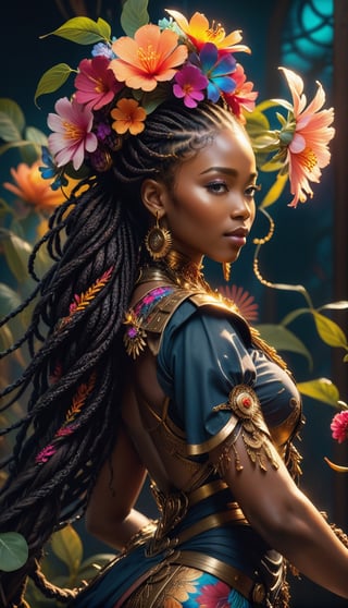  sunset glow, golden ratio, 
 Photorealism, professional portrait photo of a beautiful nigerian Igbo warior princess with flowy hair mixed with very long plaited braids resembling a bouquet of flowers cascading in the wind, she is wearing an intricate warrior's outfit with glowing flowers elements while magestically moving, Side view, studio lighting, work of beauty and complexity, 8kUHD, 
alberto seveso style ,arcane,Leonardo Style,steampunk style,  jr schimidt style,  colorful rendition ,ColorART,  foliage foreground and background ,A girl dancing ,detailmaster2, 35mm digital photography, Ultrarealistic hyperdetailed face , flowery vines background , close-up ,cyborg style