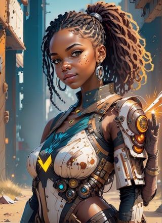 African beautiful Nigerian youthful woman age 17 looking hopeful gearing up for cosmic battle in a sci-fi tech suit, chubby, cute, dreadlock, (( with one arm doing the two finger peace sign)), colored_skin, (rusted detailed), (rust), luminicience, cinematic lighting, full_portrait, vector lines,photography,stylish,punked,steampunk, graffiti