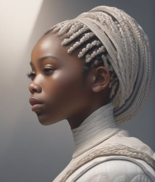 African Nigerian young girl  white shilloeut skin in futuristic fashion cloth,white skin, side view, Portrait, african hand plaited bread, moody expression, Realistic, Hyper realistic, Full detail, 8k, Cinematic shot, Cinematic lighting, Grattifi art style