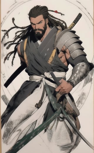 Unfinished sketch of 1 african nigerian man, (African), black african, green dreadlock hair, eye band, masterpiece, best quality, detailed background, solo, funky, muscular male, cowboy shot, east asian architecture, full moon, japanese armor, many swords, samurai pose, holding katana, looking at viewer, beard, detailed eyes, beautiful eyes, standing, hero vibes, depth of field,