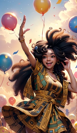 "Generate a heartwarming and cheerful scene of a cute ((African girl character)) with cute ((extremely long and full plaited afro hair style)) joyfully dancing to a lively tune. The character is surrounded by a colorful explosion of confetti and a sky filled with floating balloons. Capture the pure joy and exuberance of this moment in a heartwarming and adorable illustration.", Anime, Warm climate, sunset, studio lighting, African Style, African,