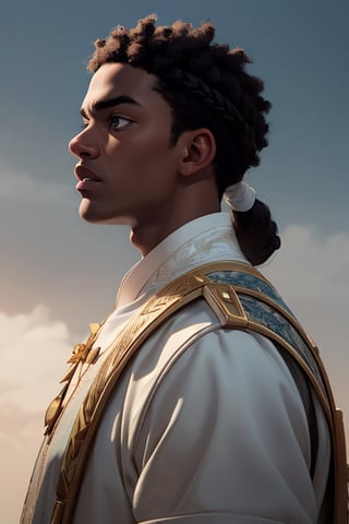 (African Nigerian young Boy) with white shilloeut skin in futuristic fashion cloth, full hair, hopeful white skin, african style, african boy, black boy, side view, Portrait, african hand plaited braid, aviator googles,moody expression, prayer mood, Realistic, Hyper realistic, Full detail, 8k, Cinematic shot, Cinematic lighting, Grattifi art