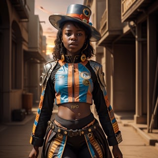 Cute african girl age 14 in futuristic suit, hatter hat, musical instrument, portrait, photograpgy, cibematic lighting, sunset, vibrant, insane, creavity, milky hue,8k, ultra realistic detail, ((flat color background))