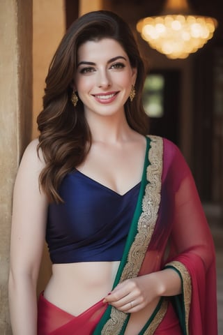 a breathtakingly happy beautiful Lebanon woman Anne hathway, saree, 36D, plus size brest, navel show, perfect symmetric eyes, natural skin texture, hyperrealism, soft light, sharp, 8k hdr, dslr, high contrast, cinematic lighting, high quality, film grain, Fujifilm XT3