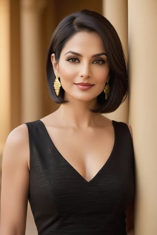 A stately American woman in her 40s stands confidently against a warm golden background, radiating poise and authority. Framed by a shallow depth of field, her striking features are accentuated by the pale light that casts a flattering glow on her face. She wears a sleek black salwar kameez that hugs her curves, its simplicity allowing her stunning figure to take center stage. A luscious, chin-length bob frames her heart-shaped face, drawing attention to her captivating eyes - like polished onyx, they sparkle with intensity. Her soft lips curve into a subtle smile, hinting at a knowing confidence. The camera lens captures the gentle warmth of her smooth, unlined skin as she stands tall, exuding an air of determination and leadership.