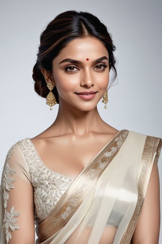 A stunning portrait of Deepika Padukone: a breathtakingly happy Indian woman posing confidently against a clean white background. Her beautiful saree drapes elegantly around her curvy figure, accentuating her 36D bust. Her perfect symmetric eyes sparkle with joy, framed by luscious lashes and set against a soft, natural skin texture. The hyperrealism is so precise that it almost feels three-dimensional. Soft light wraps around her face, highlighting the contours of her features. Shot in 8K HDR on a DSLR camera, the high-contrast image boasts cinematic lighting with subtle film grain, reminiscent of Fujifilm XT3's signature aesthetic.