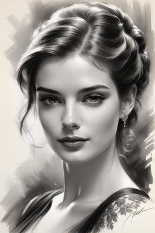 portrait of a beautiful Russian woman, Anne hathway, Harrison Fisher, charcoal art, black charcoal
on antique paper, intricate details, ultra high quality model, masterpiece, sharp focus, depth of field, unreal engine