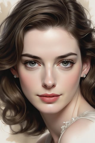 Anne Hathaway's likeness is rendered in exquisite detail on antique paper, as if summoned from the depths of a bygone era. Softly lit by a warm, golden glow, her porcelain complexion glows with an ethereal luminescence. Harrison Fisher's masterful charcoal strokes bring depth and dimension to her features, while ultra-high-quality modeling creates an uncanny sense of realism. The subject's gaze is sharp, focused intently on some distant point, as if lost in thought. In the background, a subtle gradient of shading adds texture and visual interest, drawing the viewer's eye deeper into the composition. Unreal Engine's meticulous rendering has captured every delicate nuance, imbuing this portrait with an otherworldly essence.