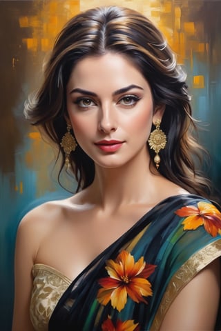 oil painting, heavy brushstrokes, paint drips, a breathtaking portrait of a Mozart, female, Anne hathway, wearing floral transparent saree, medium long fuzzy hair, perfect symmetric eyes,gorgeous face,  rich, deep colors,layered image shaded by cells, golden ratio, award winning, professional,highly detailed, intricate, volumetric lighting, gorgeous, masterpiece, sharp focus, depth of field, perfect composition, award winner, artstation, acrylic painting create a hyper realistic vertical photo of Indian most attractive woman in her 40s, Trendsetter wolf cut black hair, 