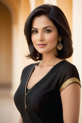 A stately American woman in her 40s stands confidently against a warm golden background, radiating poise and authority. Framed by a shallow depth of field, her striking features are accentuated by the pale light that casts a flattering glow on her face. She wears a sleek black salwar kameez that hugs her curves, its simplicity allowing her stunning figure to take center stage. A luscious, chin-length bob frames her heart-shaped face, drawing attention to her captivating eyes - like polished onyx, they sparkle with intensity. Her soft lips curve into a subtle smile, hinting at a knowing confidence. The camera lens captures the gentle warmth of her smooth, unlined skin as she stands tall, exuding an air of determination and leadership.