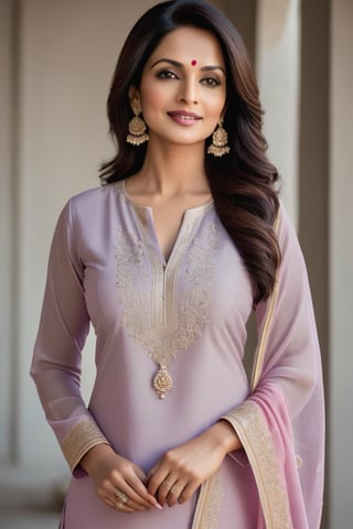 Vertical composition of a stunning Indian woman in her 40s, radiating confidence and poise. She wears a pale lilac salwar kameez with intricate embroidery, perfectly accentuating her toned physique. Her striking features include 36D bust, a sleek bob haircut, and piercing black eyes that seem to hold a world of intelligence. A soft, charming smile plays on her lips, which are painted a subtle shade of pink. The overall aesthetic is modern, formal, and highly detailed, with a focus on capturing the subject's determination and authority as a CEO. The background is a smooth, gradient gray, allowing her beauty to take center stage.