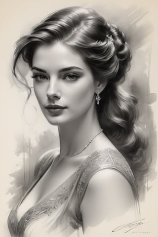 portrait of a beautiful Russian woman, Anne hathway, Harrison Fisher, charcoal art, black charcoal
on antique paper, intricate details, ultra high quality model, masterpiece, sharp focus, depth of field, unreal engine