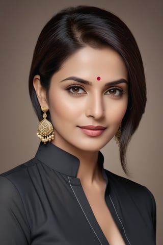 create a hyper realistic vertical photo of Indian most attractive serious woman in her 40s, in pale lite black salwar kameez, 36D, A Typical Bob hair cut, trending on artstation, portrait, digital art, modern, sleek, highly detailed, formal, determined, CEO, colorized, smooth, charming, pretty, soft smile, soft lips, black eyes