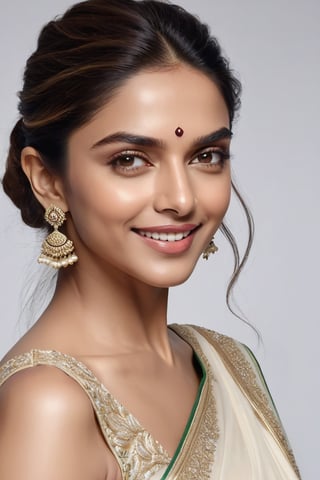 A breathtaking portrait of Deepika Padukone: a beaming Indian woman poses confidently against a pristine white background, her stunning saree elegantly draping her curvy figure. Her sparkling eyes, framed by lush lashes, radiate joy on her smooth, natural-toned skin. Soft light caresses her face, accentuating features. Shot in 8K HDR on a DSLR, the image boasts cinematic lighting with subtle film grain, reminiscent of Fujifilm XT3's signature aesthetic.