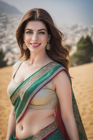 a breathtakingly happy beautiful Lebanon woman Anne hathway, saree, 36D, plus size brest, navel show, perfect symmetric eyes, natural skin texture, hyperrealism, soft light, sharp, 8k hdr, dslr, high contrast, cinematic lighting, high quality, film grain, Fujifilm XT3