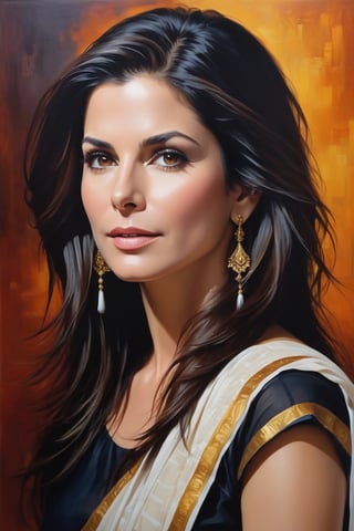 oil painting, heavy brushstrokes, paint drips, a breathtaking portrait of a Mozart, female, Sandra Bullock, Transparent Saree,  medium long fuzzy hair, perfect symmetric eyes,gorgeous face,  rich, deep colors,layered image shaded by cells, golden ratio, award winning, professional,highly detailed, intricate, volumetric lighting, gorgeous, masterpiece, sharp focus, depth of field, perfect composition, award winner, artstation, acrylic painting create a hyper realistic vertical photo of Indian most attractive woman in her 40s, Trendsetter wolf cut black hair, 