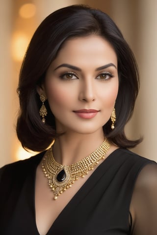 A stately American woman, mid-40s, stands confidently against a soft-focus background, radiating poise and authority. Pale light casts a flattering glow on her face, accentuating striking features. She wears a sleek black salwar kameez, its simplicity highlighting her stunning figure. A chin-length bob frames her heart-shaped face, drawing attention to captivating eyes - like polished onyx, they sparkle with intensity. Her soft lips curve into a subtle smile, hinting at knowing confidence. Golden light dances across features, infusing smooth, unlined skin with gentle warmth. A delicate necklace adds understated elegance. She stands tall, her black eyes seeming to bore into the camera lens, exuding determination and leadership.