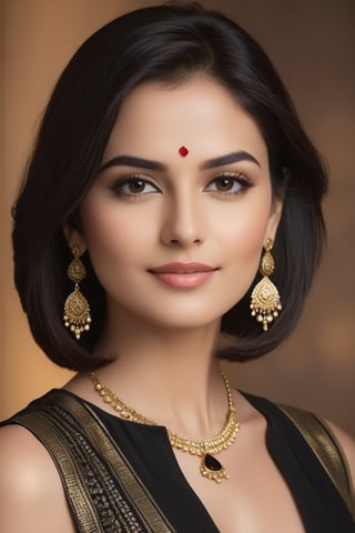 A stately American woman, mid-30, stands confidently against a soft-focus background, radiating poise and authority. Pale light casts a flattering glow on her face, accentuating striking features. She wears a sleek black salwar kameez, its simplicity highlighting her stunning figure. A chin-length bob frames her heart-shaped face, drawing attention to captivating eyes - like polished onyx, they sparkle with intensity. Her soft lips curve into a subtle smile, hinting at knowing confidence. Golden light dances across features, infusing smooth, unlined skin with gentle warmth. A delicate necklace adds understated elegance. She stands tall, her black eyes seeming to bore into the camera lens, exuding determination and leadership.