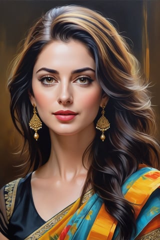 oil painting, heavy brushstrokes, paint drips, a breathtaking portrait of a Mozart, female, Anne hathway, wearing floral transparent saree, medium long fuzzy hair, perfect symmetric eyes,gorgeous face,  rich, deep colors,layered image shaded by cells, golden ratio, award winning, professional,highly detailed, intricate, volumetric lighting, gorgeous, masterpiece, sharp focus, depth of field, perfect composition, award winner, artstation, acrylic painting create a hyper realistic vertical photo of Indian most attractive woman in her 40s, Trendsetter wolf cut black hair, 