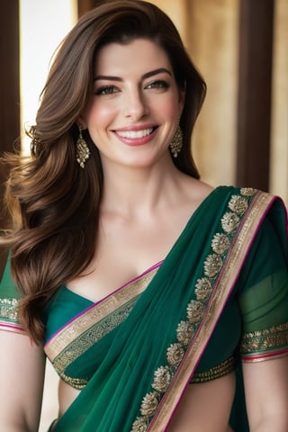 a breathtakingly happy beautiful Lebanon woman Anne hathway, saree, 36D, plus size brest, navel show, perfect symmetric eyes, natural skin texture, hyperrealism, soft light, sharp, 8k hdr, dslr, high contrast, cinematic lighting, high quality, film grain, Fujifilm XT3