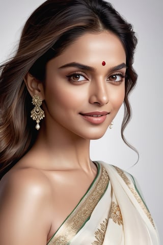 A stunning portrait of Deepika Padukone: a breathtakingly happy Indian woman posing confidently against a clean white background. Her beautiful saree drapes elegantly around her curvy figure, accentuating her 36D bust. Her perfect symmetric eyes sparkle with joy, framed by luscious lashes and set against a soft, natural skin texture. The hyperrealism is so precise that it almost feels three-dimensional. Soft light wraps around her face, highlighting the contours of her features. Shot in 8K HDR on a DSLR camera, the high-contrast image boasts cinematic lighting with subtle film grain, reminiscent of Fujifilm XT3's signature aesthetic.