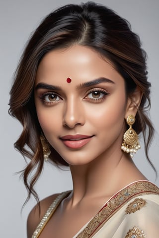 A stunning portrait of Deepika Padukone: a breathtakingly happy Indian woman posing confidently against a clean white background. Her beautiful saree drapes elegantly around her curvy figure, accentuating her 36D bust. Her perfect symmetric eyes sparkle with joy, framed by luscious lashes and set against a soft, natural skin texture. The hyperrealism is so precise that it almost feels three-dimensional. Soft light wraps around her face, highlighting the contours of her features. Shot in 8K HDR on a DSLR camera, the high-contrast image boasts cinematic lighting with subtle film grain, reminiscent of Fujifilm XT3's signature aesthetic.