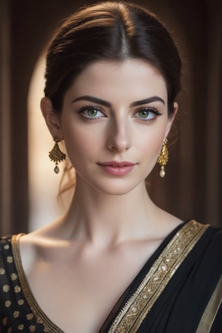 a breathtakingly beautiful caucasian woman Anne hathway from Lebanon, wearing a dark saree, perfect symmetric eyes, natural skin texture, hyperrealism, soft light, sharp, 8k hdr, dslr, high contrast, cinematic lighting, high quality, film grain, Fujifilm XT3