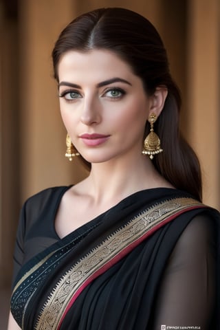 a breathtakingly beautiful caucasian woman Anne hathway from Lebanon, wearing a dark saree, perfect symmetric eyes, natural skin texture, hyperrealism, soft light, sharp, 8k hdr, dslr, high contrast, cinematic lighting, high quality, film grain, Fujifilm XT3