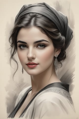 portrait of a beautiful woman from lebanon, most beautiful, Harrison Fisher, charcoal art, black charcoal
on antique paper, intricate details, ultra high quality model, masterpiece, sharp focus, depth of field, unreal engine