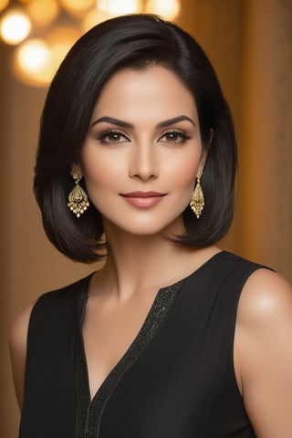 A stately American woman in her 40s stands confidently against a warm golden background, radiating poise and authority. Framed by a shallow depth of field, her striking features are accentuated by the pale light that casts a flattering glow on her face. She wears a sleek black salwar kameez that hugs her curves, its simplicity allowing her stunning figure to take center stage. A luscious, chin-length bob frames her heart-shaped face, drawing attention to her captivating eyes - like polished onyx, they sparkle with intensity. Her soft lips curve into a subtle smile, hinting at a knowing confidence. The camera lens captures the gentle warmth of her smooth, unlined skin as she stands tall, exuding an air of determination and leadership.