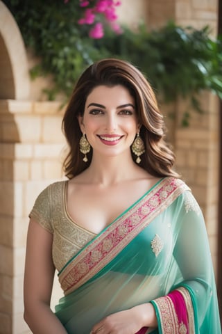 a breathtakingly happy beautiful Lebanon woman Anne hathway, saree, 36D, plus size brest, navel show, perfect symmetric eyes, natural skin texture, hyperrealism, soft light, sharp, 8k hdr, dslr, high contrast, cinematic lighting, high quality, film grain, Fujifilm XT3