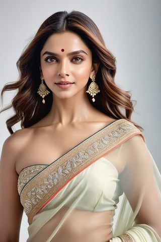 A mesmerizing portrait of Deepika Padukone: against a spotless white backdrop, she exudes unbridled joy, her stunning saree flowing effortlessly around her curves, showcasing her 36D bust. Her luminous eyes sparkle with delight, framed by luscious lashes and set against a radiant complexion. Soft, wraparound light accentuates her features, shot in breathtaking 8K HDR on a DSLR camera with cinematic lighting and subtle film grain, evoking the distinct aesthetic of Fujifilm XT3.