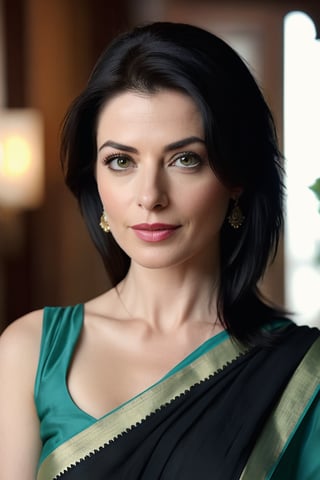 create a hyper realistic vertical photo of Caucasian most attractive woman in her 40s, Trendsetter wolf cut black hair, trending on artstation, portrait,perfect symmetric eyes, natural skin texture, hyperrealism, soft light, sharp, 8k hdr, dslr, high contrast, cinematic lighting, high quality, film grain, Fujifilm XT3, wearing saree, no blouse, in luxurious Villa, 36D , fairy tone, fair skin, flirty gaze, anne hathway