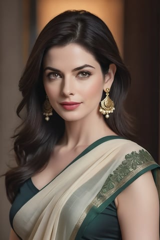 create a hyper realistic vertical photo of Labnon most attractive woman in her 40s, Trendsetter wolf cut black hair, trending on artstation, portrait, perfect symmetric eyes, natural skin texture, hyperrealism, soft light, sharp, 8k hdr, dslr, high contrast, cinematic lighting, high quality, film grain, Fujifilm XT3, wearing saree, no blouse, in luxurious office, 36D , fairy tone, fair skin, flirty gaze, anne hathway
