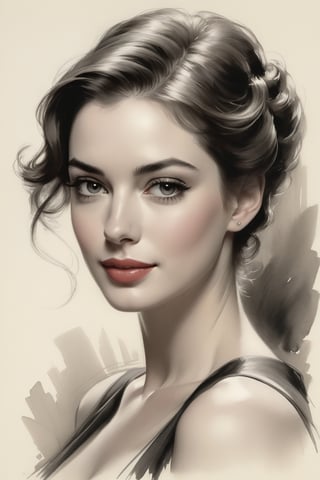 A majestic portrait of a stunning Russian woman, reminiscent of Anne Hathaway's elegance, rendered in exquisite black charcoal on aged paper. Harrison Fisher's masterful touch brings forth intricate details, as if Unreal Engine had crafted the ultra-high quality model. Her features are sharp-focused, with a shallow depth of field, drawing the viewer's gaze to her captivating beauty.