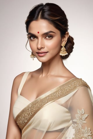 Deepika Padukone stands tall, confidence radiating from her very being as she poses against a crisp white backdrop. Her resplendent saree hugs her curvaceous figure, showcasing her toned physique and emphasizing the allure of her 36D bust. Soft, golden light wraps gently around her face, accentuating the definition of her features with subtle film grain reminiscent of Fujifilm XT3's signature texture. Her gleaming, symmetrical eyes sparkle with joy, framed by lush lashes against a soft, natural skin tone.