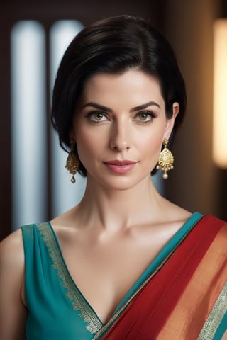 create a hyper realistic vertical photo of Caucasian most attractive woman in her 40s, Trendsetter wolf cut black hair, trending on artstation, portrait,perfect symmetric eyes, natural skin texture, hyperrealism, soft light, sharp, 8k hdr, dslr, high contrast, cinematic lighting, high quality, film grain, Fujifilm XT3, wearing saree, no blouse, in luxurious Villa, 36D , fairy tone, fair skin, flirty gaze, anne hathway